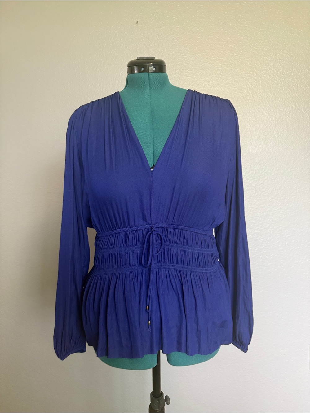 White House Black Market Deep Blue V-Neck Long Sleeve Peasant Top